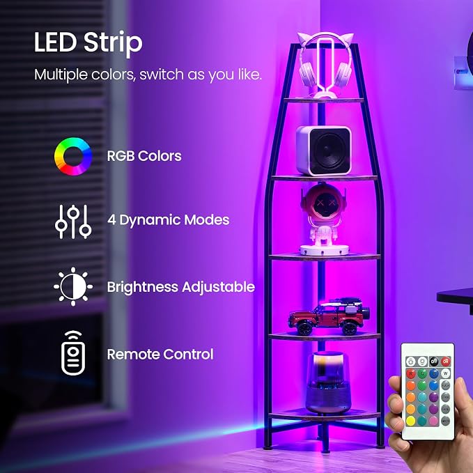 Corner Shelf with Lights, Corner Bookshelf with Metal Frame, 5-Tier Tall Ladder Shelf, Storage Rack for Home Office, Bedroom, Living Room, Rustic Brown and Black TCJ71DBF