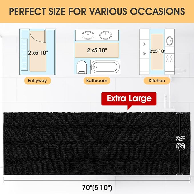 Extra Long Striped Black Bathroom Rug Mat 70"x24" Ultra Soft, Non Slip Chenille Bath Rugs, Absorbent Plush Shaggy Bath Mats for Bathroom, Bedroom, Kitchen, Shower, Tub