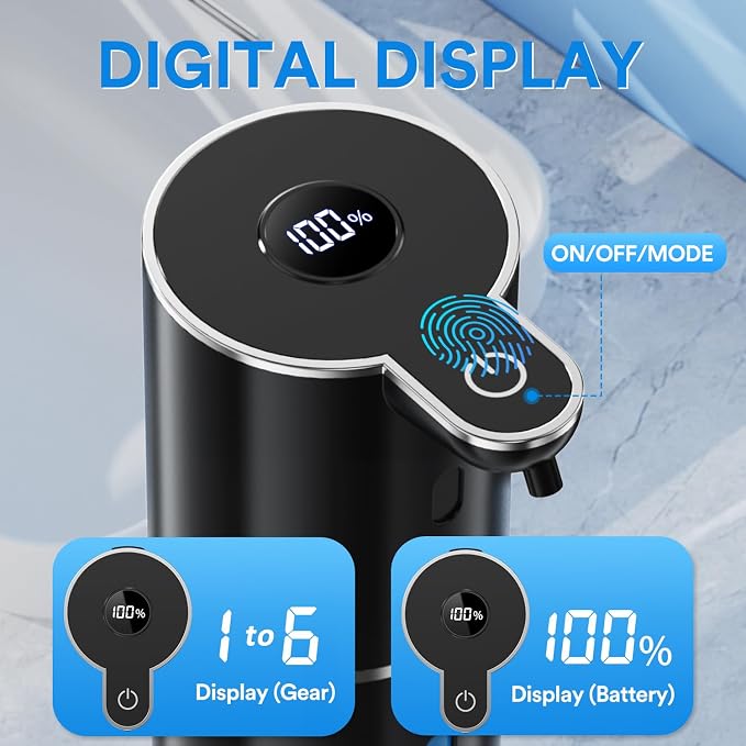 Automatic Foaming Soap Dispenser Touchless, Rechargeable Electric Hand ＆ Dish Soap Dispenser for Bathroom and Kitchen - Smart Digital Display, 6 Adjustable Level, 380ml, Wall Mounted, IPX5