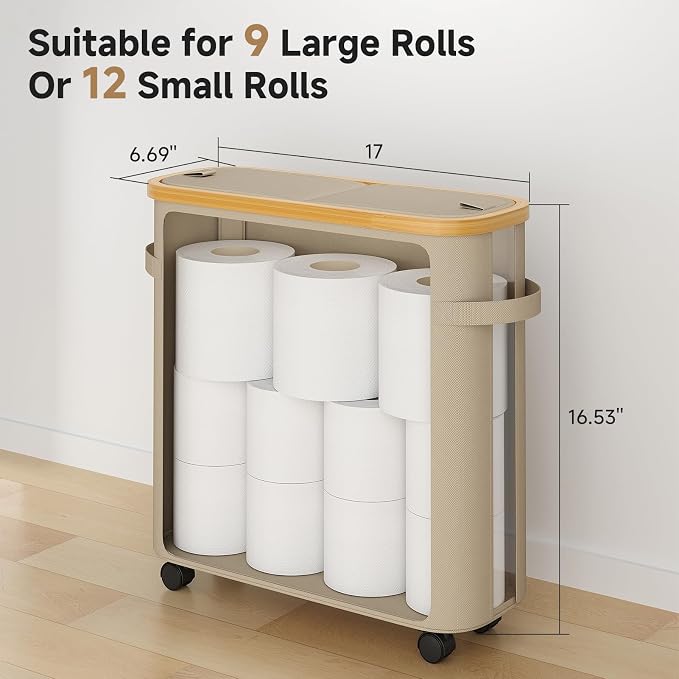 Toilet Paper Storage Basket with Lid, Bathroom Toilet Paper Holder, Khaki | Bathroom Toilet Paper Organizer for 9-12 Rolls Large Capacity, Foldable Fabric Bamboo Toilet Paper Container with Pockets