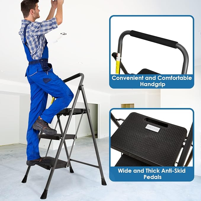 GOLYTON 3 Step Ladder,Step Stools for Adults, 500lbs Capacity | Step Stool Foldable, Steel Ladder for Household and Office, Grey