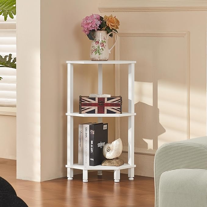 YUFAM 3-Tier Corner Shelf, White | Wooden Small Corner Table with Sturdy 5-Leg Base, Wooden Corner Bookshelf for Adjustable Base