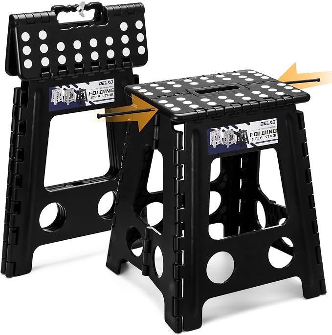 Delxo 16 Inch Folding Step Stool,Foldable Step Stool for Adults Black | Step Stool with Safety Lock,Portable Collapsible Step Stool,Non-slip Folding Stools for Kitchen Bathroom Bedroom Garden 1PC