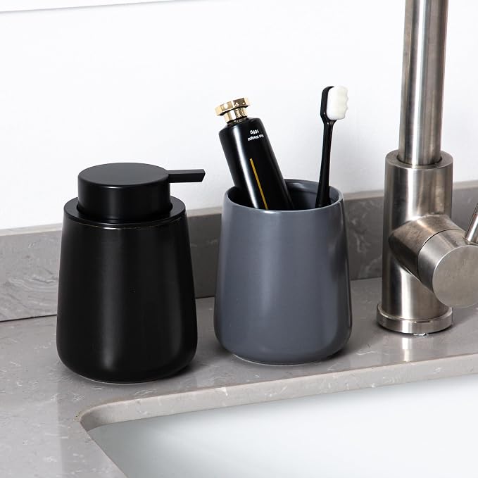 Enra Black Foaming Soap Dispenser, Ceramic Foam Soap Dispenser Bathroom | 12oz Refillable Design With Easy-Press Pump.Sleek Finish Adds Style to Sinks,Countertops Kitchens and Modern Interiors.
