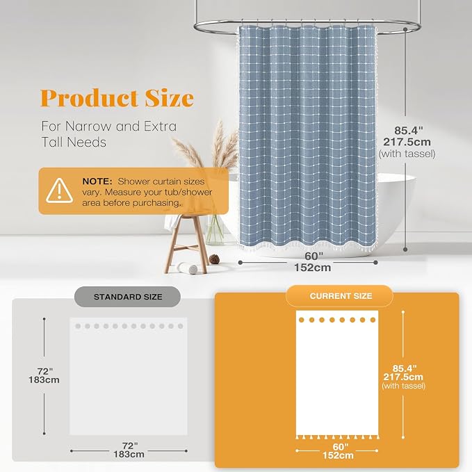 60x84 Boho Farmhouse Linen Heavy Duty Fabric Shower Curtain Set, Blue | Narrow Long Size, 330GSM Linen Blend, 3-side Tassels, Water Repellent Cloth, 10 Hooks, Rustic Bohemian, Machine Washable