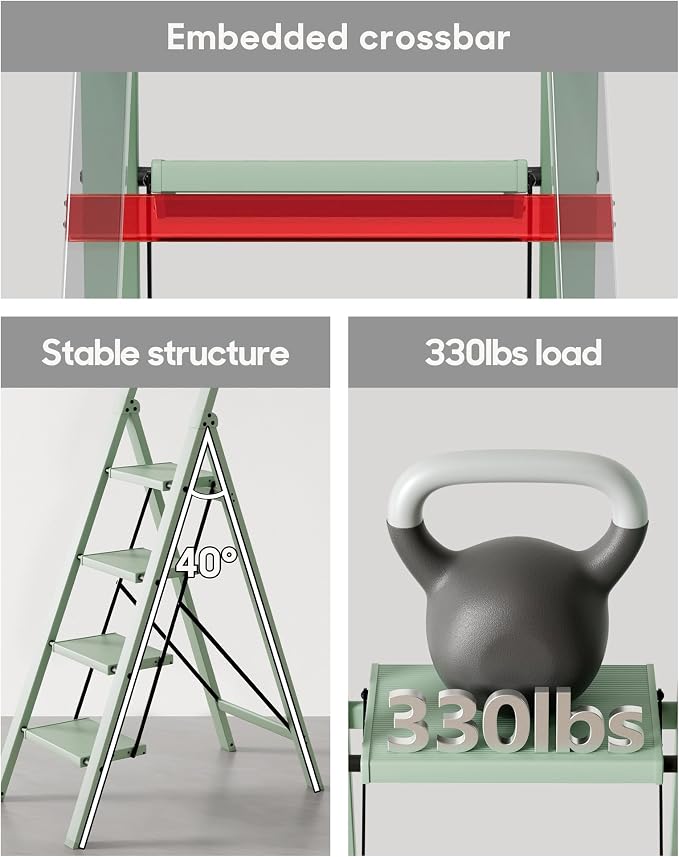 HillhutApex Aluminum 4 Step Ladder, Step Stool Foldable Ladder(Pale Green) | Stepladder with Handgrip,Anti-Slip Pedals,330lbs Capacity,Lightweight Portable Folding Ladder for Home,Office,Libaray
