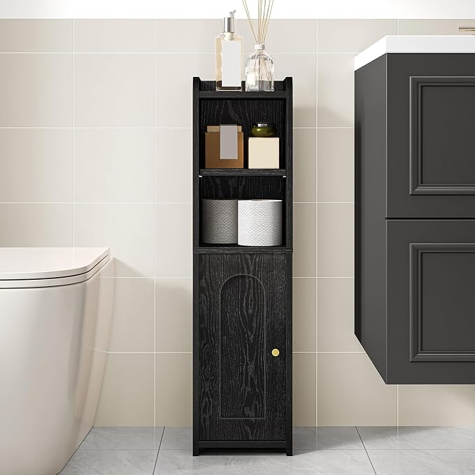 Hzuaneri Bathroom Storage Cabinet, Narrow Toilet Paper Cabinets with Doors | Small Corner Floor Cabinet with Doors and Adjustable Shelf, Bathroom Organizer for Small Spaces, Black BC19704X