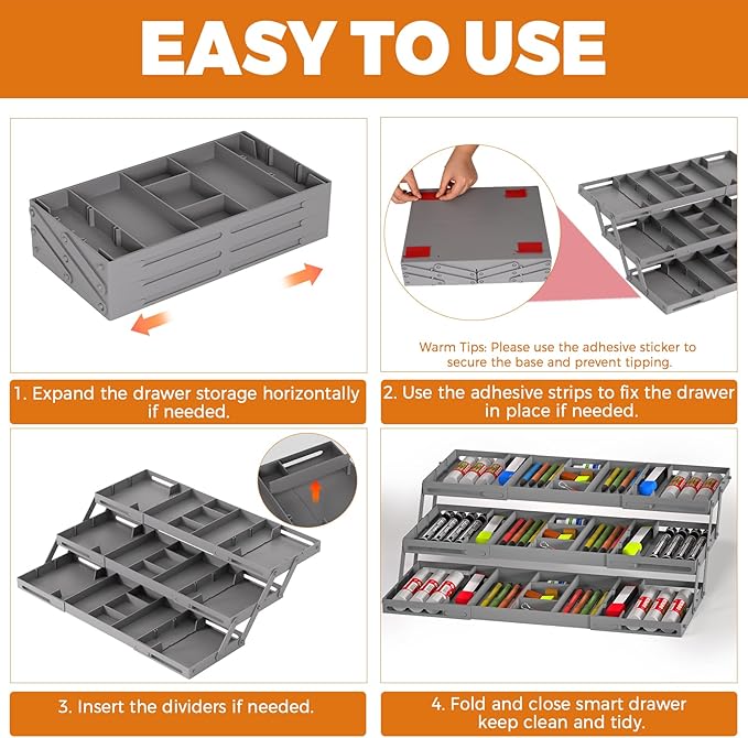 3 Tier Drawer Organizer Versatile Expandable Junk Drawer Organizer Grey | Multi-level Desk Organizer for Makeup, Jewelry, Cosmetics, Kitchen Storage, Smart Office Supply Drawer Storage for Gifts