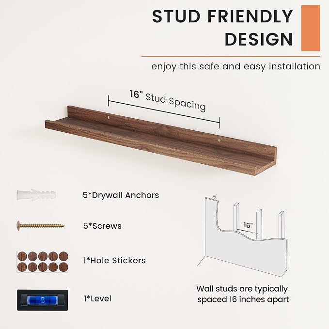 Picture Ledge Shelf, Floating Shelves Set of 2, 30 Inches Nursery Book Shelves for Toys Storage, Kids Bookshelf Wall Mounted for Living Room Bedroom Decor Books Photo Frames, Walnut
