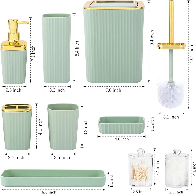 9 PCS Green Bathroom Accessories Set with Trash Can Bathroom Accessory | All-in-One Kit with Trash Can,Toothbrush Holder,Soap Dispenser,Toothbrush Cup,Vanity Tray,Soap Dish,Toilet Brush etc for Home