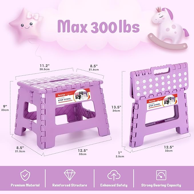 9 Inch Foldable Step Stool for Kids, 300 lb, Light Purple | Lightweight Plastic Small Foldable Step Stool with Handle, Non-Slip, for Kitchen, Bathroom, Bedroom and Closet