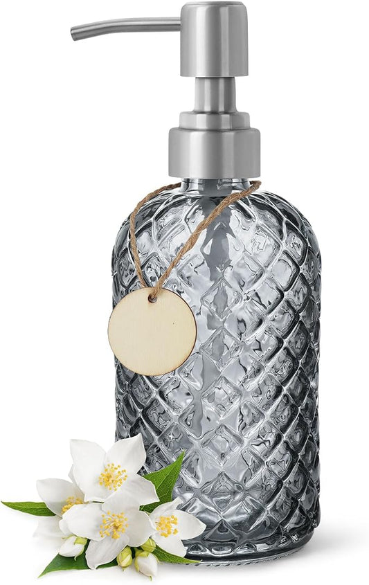 Gem-Patterned Glass Soap Dispenser with Rust Proof Stainless Steel Pump-13 oz Liquid Hand Soap Dispenser for Kitchen & Bathroom,Great for Lotions, Essential Oil, Liquid Soaps-Gray