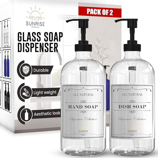 Clear Glass Soap Dispenser with Pump, 16 Oz | Clear Glass, Soap Dispenser Pump Hand and Dish,Bathroom and Kitchen Sink use, 6 waterproof (Pack of 2)