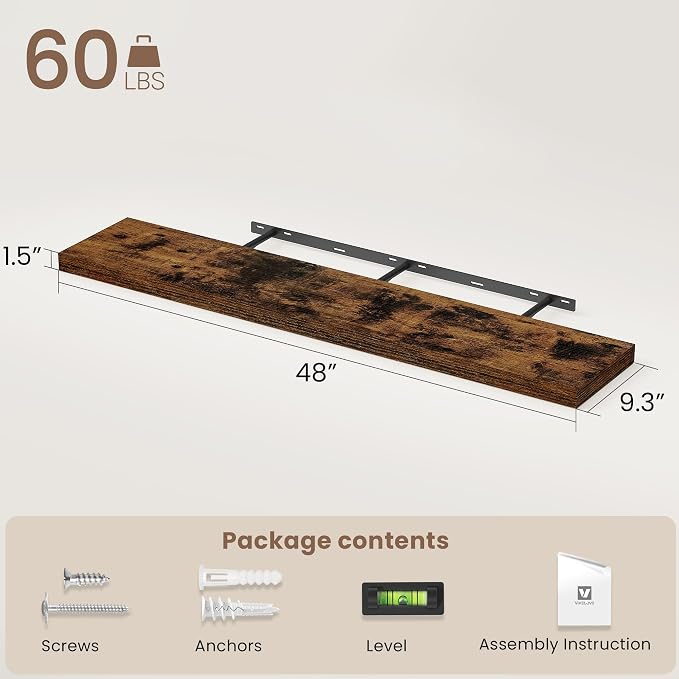 Vivelove Floating Shelves 9 inch Deep 48”Long Set of 2, Rustic Brown | Easy Install With Hardware, 1.5" Thick, Invisible Brackets, Wall Mounted, No Sagging, For Any Room