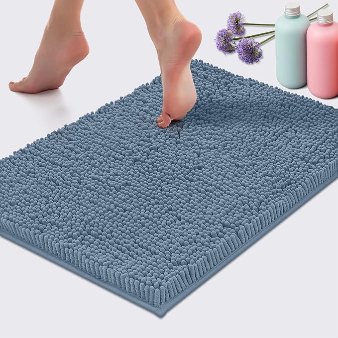 LuxUrux Bath Mat, Extra-Soft Plush Non-Slip Bathroom Rug, Luxury Chenille Microfiber Material, Super Absorbent Shaggy Bath Rug. Machine Wash & Dry (17 x 24 inches, Sky Blue)