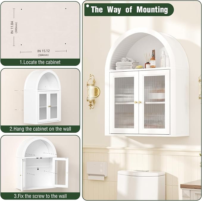 Medicine Cabinet with Arched Top, Bathroom Wall Cabinet Over Toilet with Wave Pattern Acrylic Doors and Removable Shelf, Roman Style Small Wall Cabinets for Kitchen, Living room, Laundry Room, White