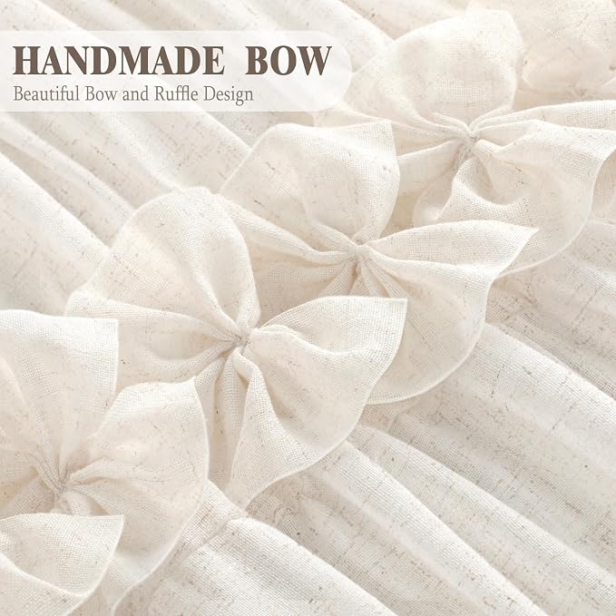 Ruffle Farmhouse Linen Shower Curtain with Vintage Bow Green 72"W x 78"H | Linen Blend Fabric, Ruffle Bow and Ruffled Hem，Linen Texture，Machine Washable，12 Metal Holes and Plastic Hooks
