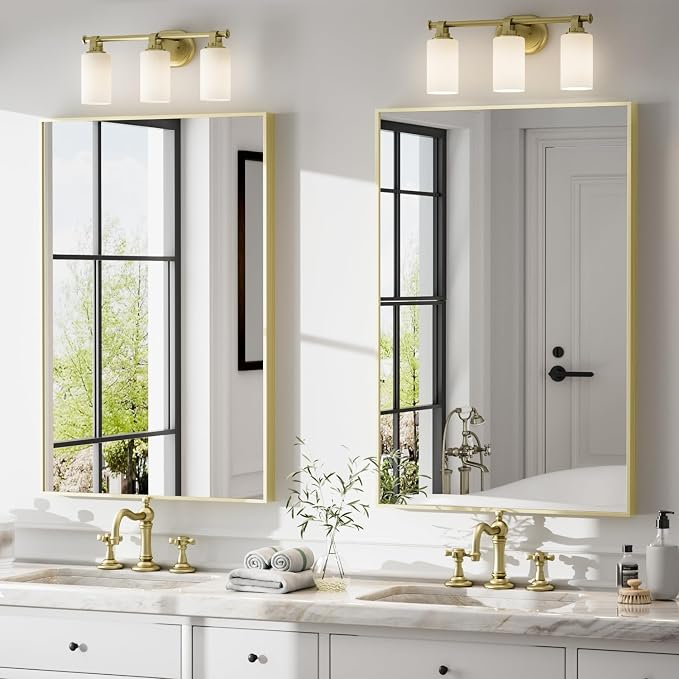 24"x36" Bruhed Gold Rectangle Vanity Bathroom Mirror, Set of 2 | Aluminum Alloy Frame, Clear Reflection, Rust-Resistant, Vertical or Horizontal, Wall Mount, Bedroom and Entryway