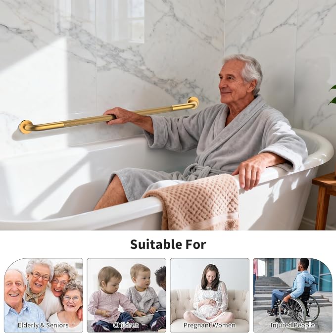 40 Inch Anti Slip Shower Grab Bars, Munzong Long Bathroom Grab Bar Gold | Knurled Handicap Balance Bar Safety Hand Rail Support Elderly Senior Assist Bath Handle