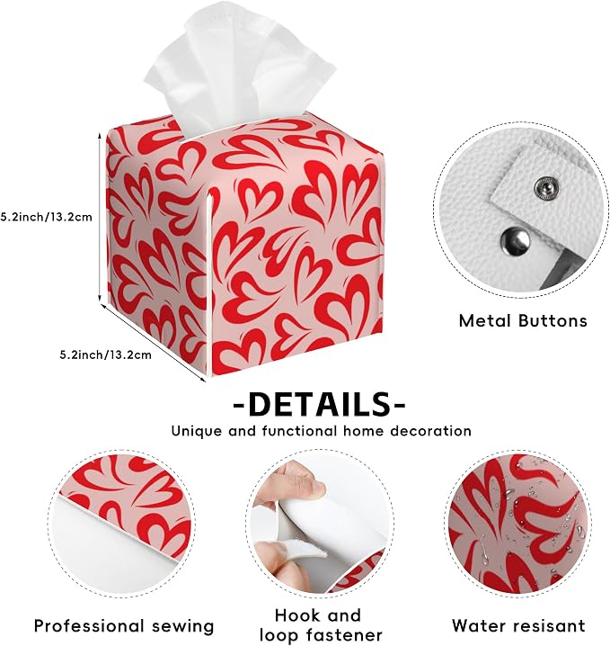 Heart Tissue Box Holder,Love Heart Cube Tissue Box Cover Holder,Leather Facial Paper Organizer Dispenser Home for Bedroom Night Stands,Kitchen,Office and Car,5.2"×5.2"×5.2"