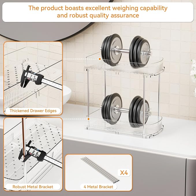 2 Pack 13.8″ Deep 2 Tier Under Sink Storage Organizer,Large Pull Out Bathroom Organizers and Storage,Slide Out Acrylic Undersink Storage Shelf,Kitchen Under Sink Organizer for Cleaning Products