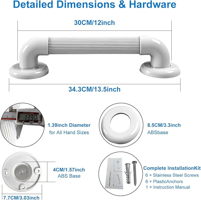 Bathroom Grab Bars: Shower, Toilet, Bathtub Assist Rails，12” | ABS Wall mounted, Safety Support Handles, Screws & Anchors, for Elderly, Pregnant Women, Handicap & Disabled Users