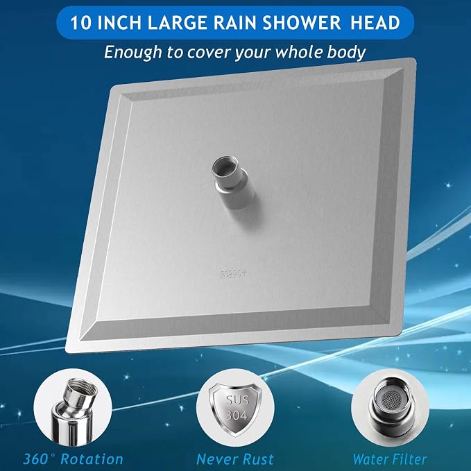 Voolan Rain Shower head, High Pressure Shower Head Made of 304 Stainless Steel, Relaxed Shower Experience Even at Low Water Flow and Pressure (10" Brushed Nickel)