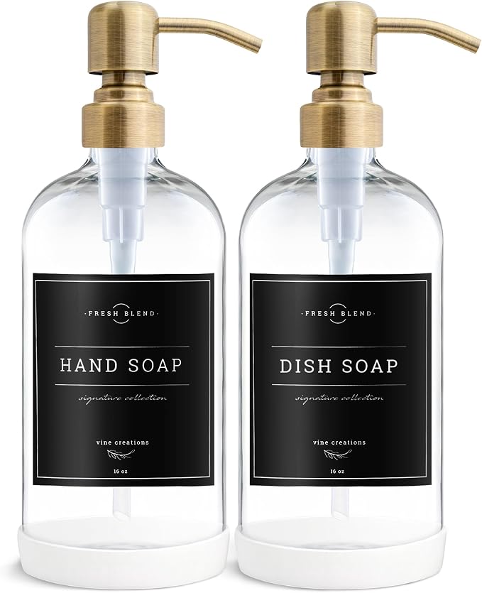 Vine Creations Clear Glass Soap Dispenser, 2 Pack Kitchen Soap Dispenser Set with Stainless Steel Pump, 16 oz Dish Soap and Hand Soap Dispensers for Bathroom with Waterproof Labels