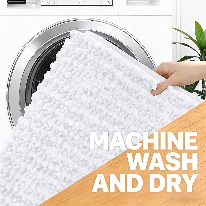 OLANLY Bathroom Rugs 34x21, Thick Soft Absorbent Chenille Bath Rugs | White, Shaggy Bath Mat with Quick-Drying Rubber Backing, Machine Washable for Floor, Tub and Shower, Home Decor Accessories