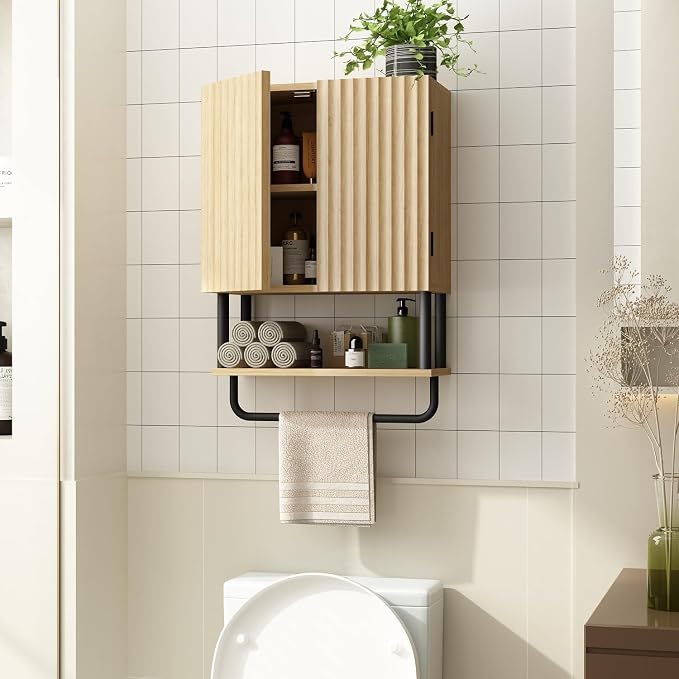 RUSTOWN Fluted Bathroom Wall Cabinet with 2 Doors, 3-Tier Medicine Cabinet | Modern Farmhouse Wall Mounted Cabinets, Over The Toilet Storage Cabinet, Adjustable Shelf and Towel Bar, Small