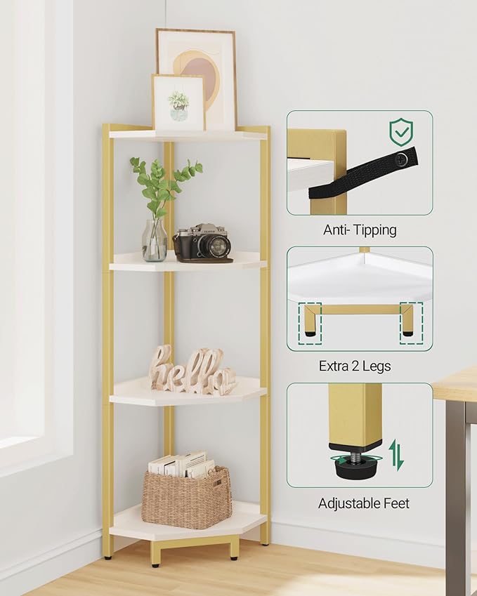 Hzuaneri Corner Shelf Stand 4-Tier Corner Bookshelf Storage Standing Shelf | Bookcase Plant Stand with Metal Frame for Living Room, Home Office, Bedroom, White Gold CS05803A