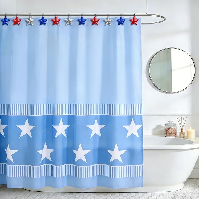12 Pack Star Shower Curtain Hooks Patriotic Red White Blue Hangers | Resin and Rustproof Stainless Steel, Glide Smoothly Without Scratching Rods, Glitter Star Patriotic Festive Decor