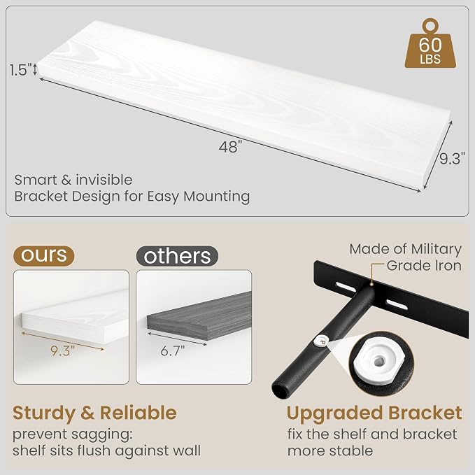 Fun Memories 48 Inch Floating Shelves in White, 9.3 Inch Deep Wall Shelves for Bathroom, Living Room, Bedroom, Kitchen, Deep Long Shelf Wall Mounted 1 Pack Shelf for Books, Decor