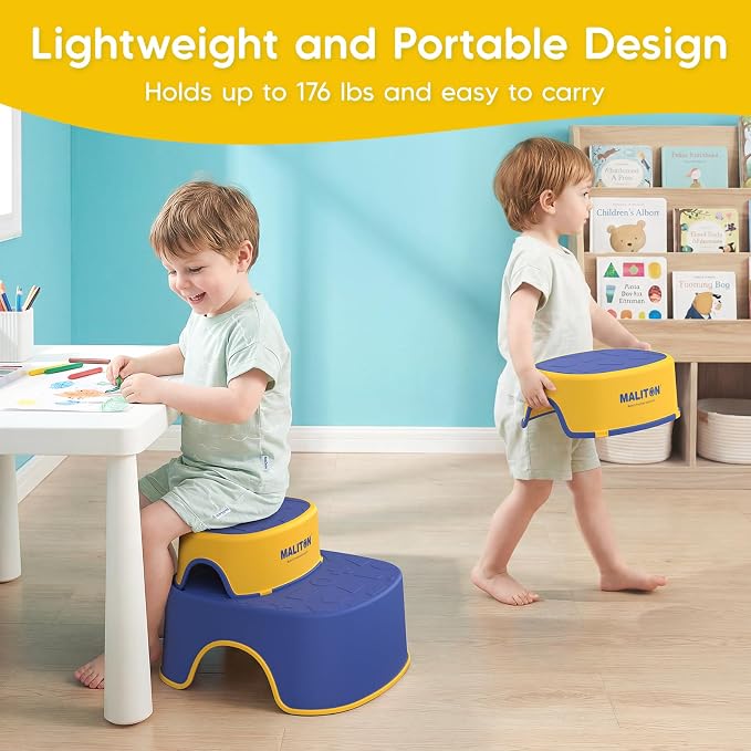 Maliton Potty Training Toilet Seat & Step Stool, 2-in-1 Anti-Slip Blue | Potty Seat + Separate Step Stool, Adjustable Fits More Toilets, Anti-Slip, Sturdy, Splash Guard, Easy clean，Boys & Girls.
