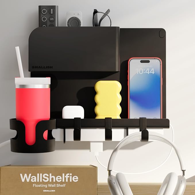 WallShelfie Bedside Wall Organizer & Dorm Decor for Dorm Room - 2.0, Black | Dorm Room Essential, Floating Bedside Shelf Wall Mount Organizer, Remote Control Holder, Cool Teen Girls Trendy Stuff