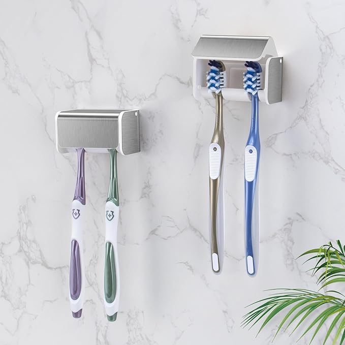 2 PCS Toothbrush Holders Wall Mounted with Cover (2, Brushed Silver) | Wall mounted, Detachable, Easy to clean, Breathable, 2 Slots Self Adhesive Toothbrush Organizer for Bathroom