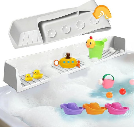 Longer Bathtub Splash Guard for Kids Adult - Bathtub Tray 31IN Silicone Bath Tub Tray Shelf with 11 Suction Cups, Bathtub Accessories Bath Toy Holder Play Shelf , Sink Side Splash Guard Tray, Gray