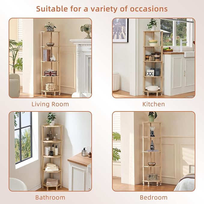 YUFAM 5-Tier Corner Shelf, Natural | Wooden Corner Bookshelf for Small Spaces, Corner Standing Shelf with Sturdy 5-Leg Base for Bathroom