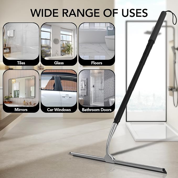Shower Squeegee for Glass Doors, Telescopic Window Cleaner Tool | 15-51" Squeegee for Window Cleaning, Extendable Squeegee for Shower Glass for Tile Walls, Sliding Door, Floor, Car Windshield
