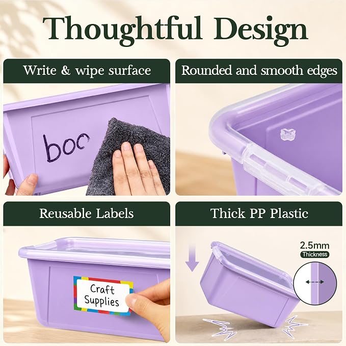 GAMENOTE 6 Quart Storage Bins with Lids, Plastic Latching Box for Classroom & Kids Toy Storage,Stackable Shoe Box Size Containers for STEM Morning Tubs, Crafts & Blocks (6, Morandi)