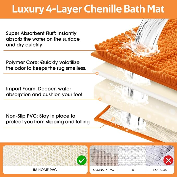 Striped Orange Bathroom Rug Set 3 Pieces Ultra Soft, Non Slip Chenille Toilet Mat, Absorbent Plush Shaggy Bath Mats for Bathroom, Bedroom, Kitchen