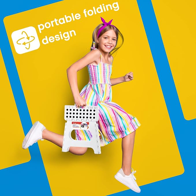 11 Inch Folding Step Stool for Kids, Non-Slip Foldable Stools, White | Heavy Duty Collapsible Foot Stool, Lightweight with Built-in Handle, Holds 300 lb for Adults Kitchen Bathroom Bedroom Outdoor