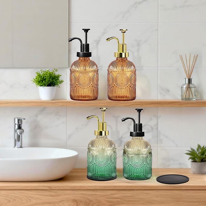 Amolliar 12 Oz Glass Soap Dispenser with Plastic Pump,Brown-Black,2 Pack | Antique Rustic Hand Liquid Bottle for Bathroom/Kitchen, Vintage/Farmhouse/Boho Style, Pump Dispenser, Refillable