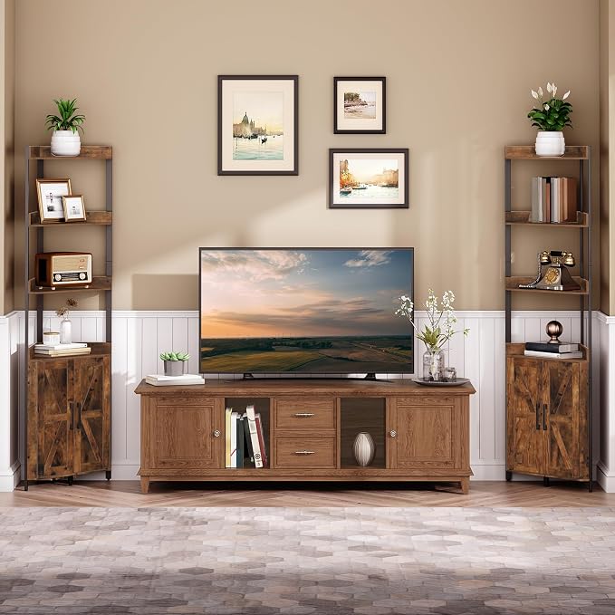 HOOBRO Corner Shelf with Storage, Tall Corner Cabinet, 5-Tier Bookshelf Stand, Storage Cabinet with Protective Fence, for Living Room, Rustic Brown and Black BF78CJ01
