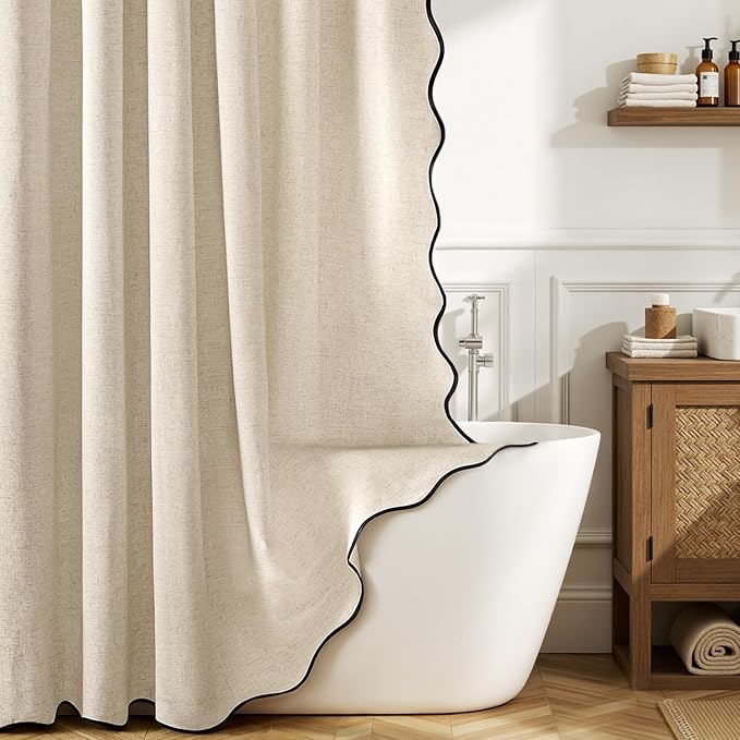 MIULEE 96" Long Beige Scalloped Linen Shower Curtain 72W x 96L | 12 metal hooks, Linen scalloped, waterproof washable, thick heavy cloth, black border, boho farmhouse, bathroom hotel use