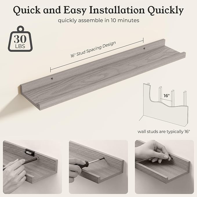 White Picture Ledge Shelves for Wall, 4.5" Deep Wood Floating Shelves with Lip for Bedroom, Living Room, 24" Width, Color White Set of 2