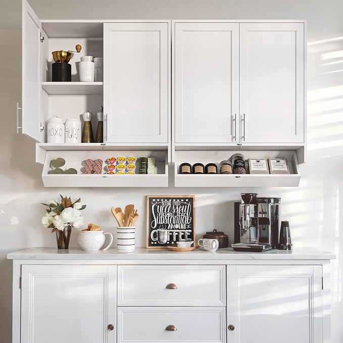 59’’W Laundry Room Cabinets Wall Mounted,Kitchen Wall Cabinet with Flip-Bottom Drawer for Spice, Adjustable Shelf, Shaker Wall Cabinets for Laundry Room, Kitchen, Bathroom, White