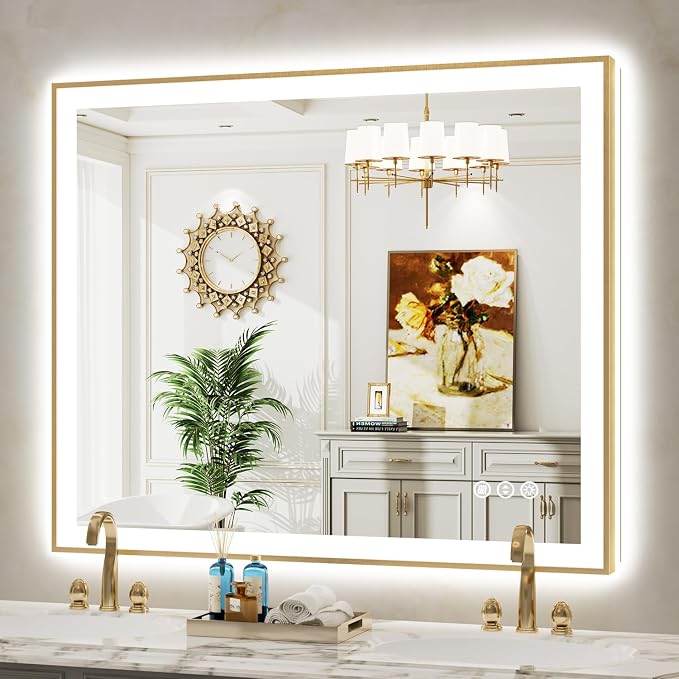 48x40 LED Bathroom Mirror with Lights, Gold Framed Lighted Mirror | Backlit and Front light, Anti-Fog, 3 Color Dimmable, Memory, Tempered Glass, IP54 Waterproof, UL Listed