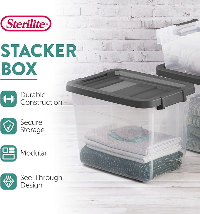 Sterilite Modular Stacker Box with Latching Lid, 30 Quart, 6-Pack | Clear Plastic Storage Bins - Stackable Organizing Container Boxes for Closet, Bathroom, and Office