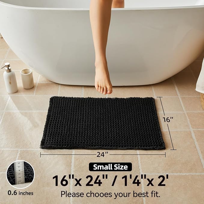 Triohero Waffle Bath Mat, Small Boho Bathroom Rugs Non Slip Washable, Ultra Soft Super Absorbent Quick Dry Farmhouse Bathroom Decor, 16" x 24", Black